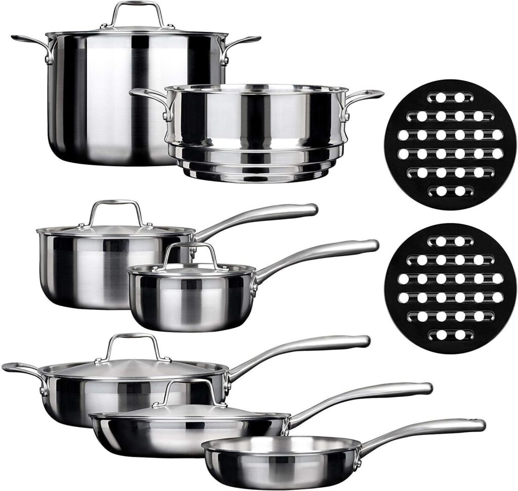 Stainless steel induction cookware set with flat magnetic base