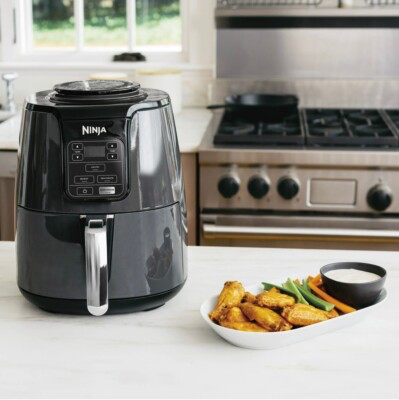 Ninja air fryer with simple digital controls in a modern kitchen