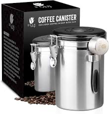Airtight coffee bean storage canister on kitchen counter