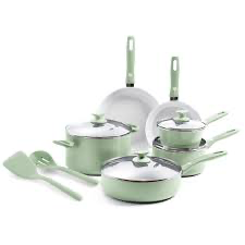 Ceramic nonstick cookware set with light-colored interior