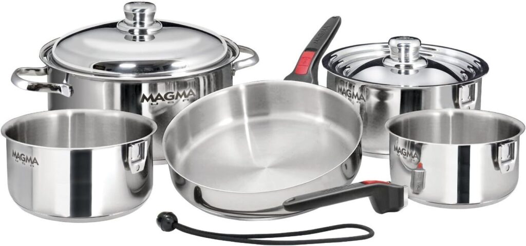 Magma Nesting Stainless Steel Cookware Set arranged compactly