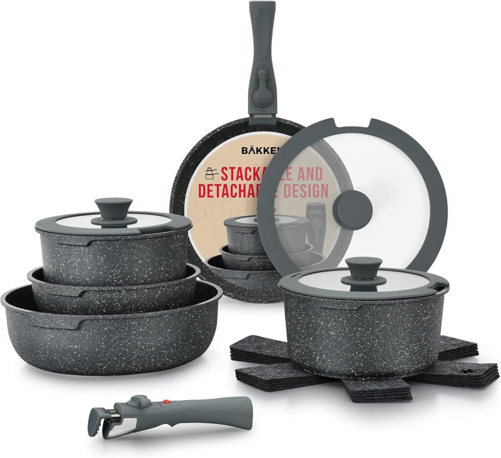 MasterPan stackable cookware set with detachable handle on countertop