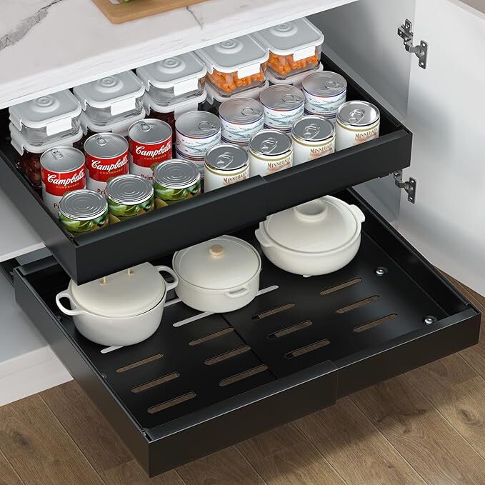 Pull-out drawer organizer with cookware neatly arranged
