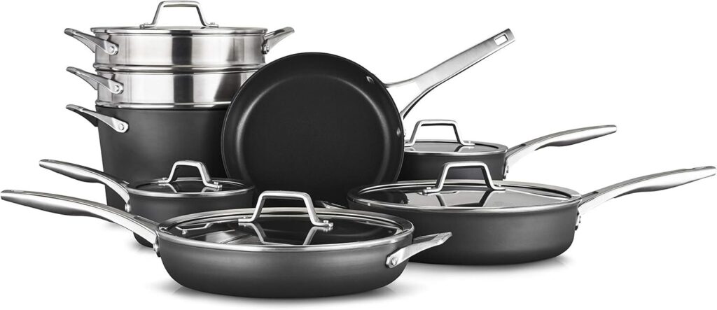 Calphalon Premier Hard Anodized Nonstick Set displayed with utensils