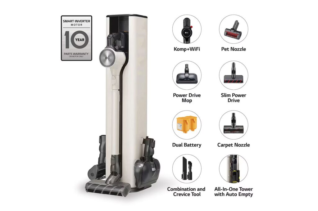 LG CordZero cordless vacuum standing on kitchen floor next to cabinets