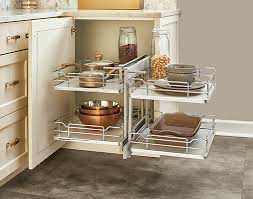Swing-out blind corner cabinet organizer extending shelves outward
